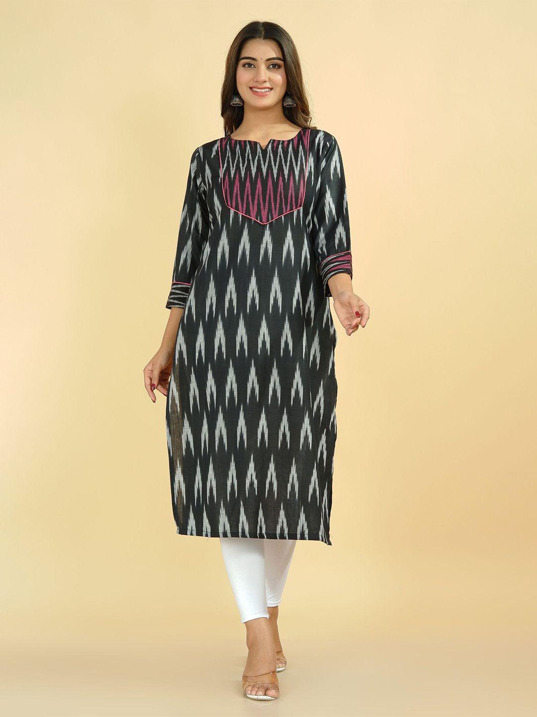 tetalee women black geometric printed ikat straight fit cotton kurta