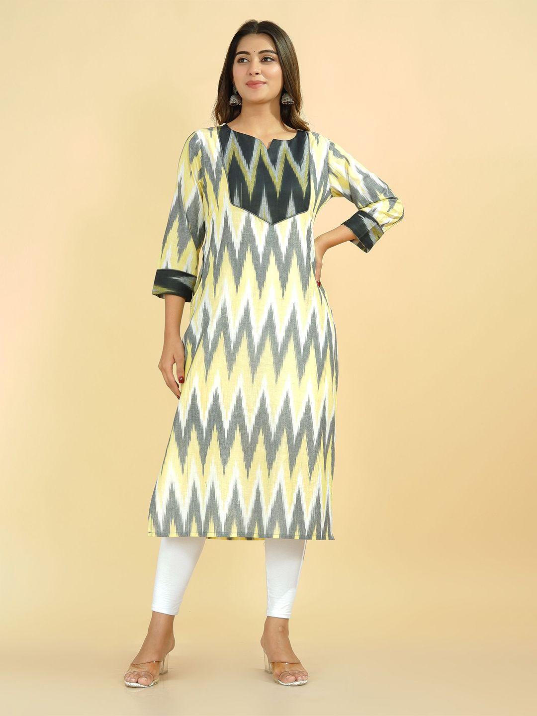 tetalee women grey & yellow chevron ikat printed straight fit cotton kurta