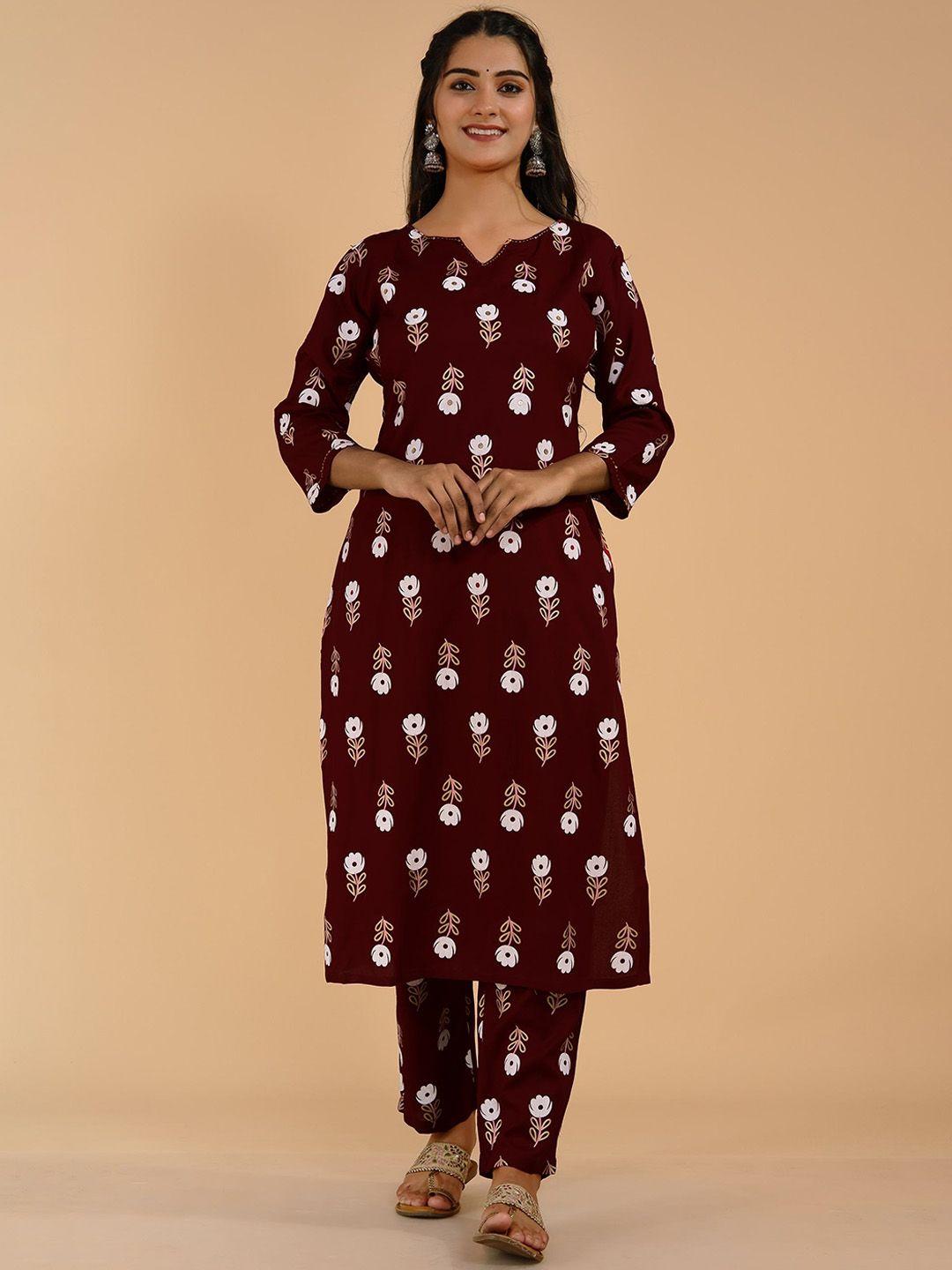 tetalee women maroon ethnic motifs printed pure cotton kurti with trousers