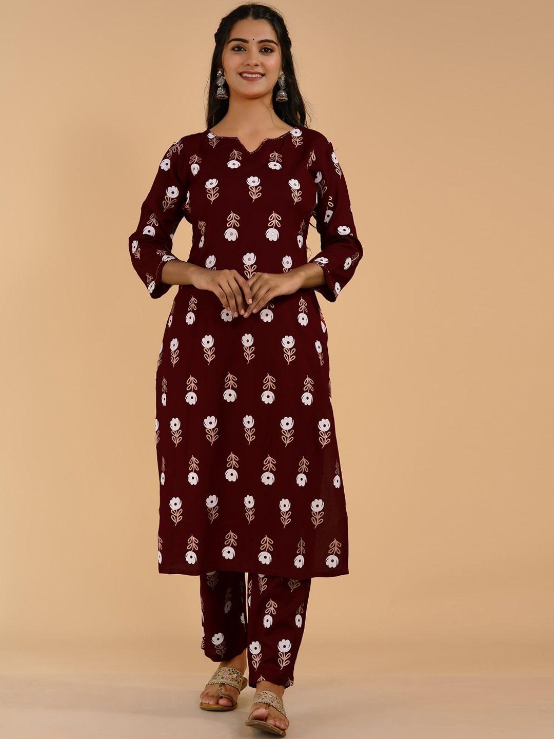 tetalee women maroon floral printed pure cotton kurta set