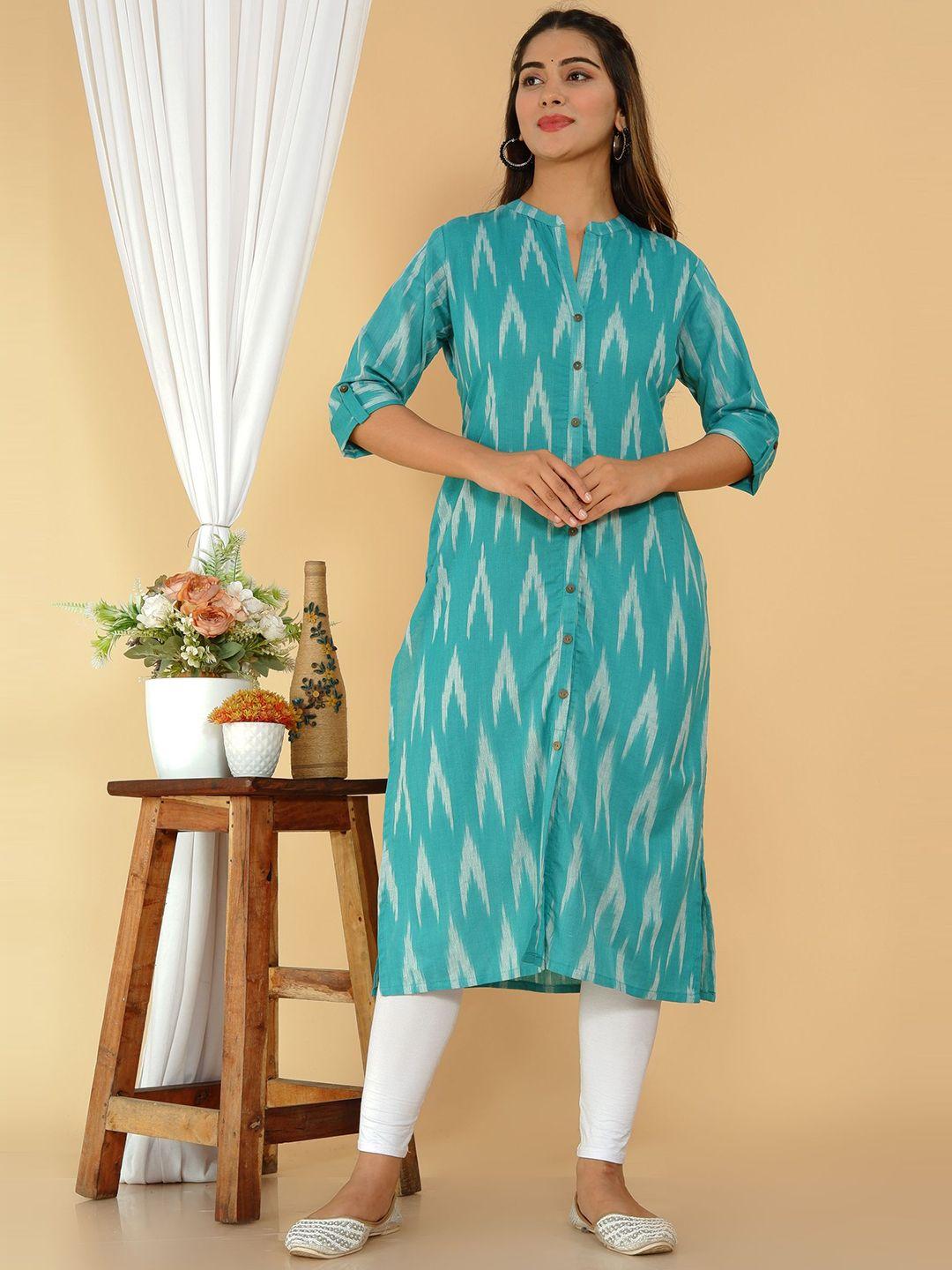 tetalee women turquoise blue & white printed pure cotton kurta