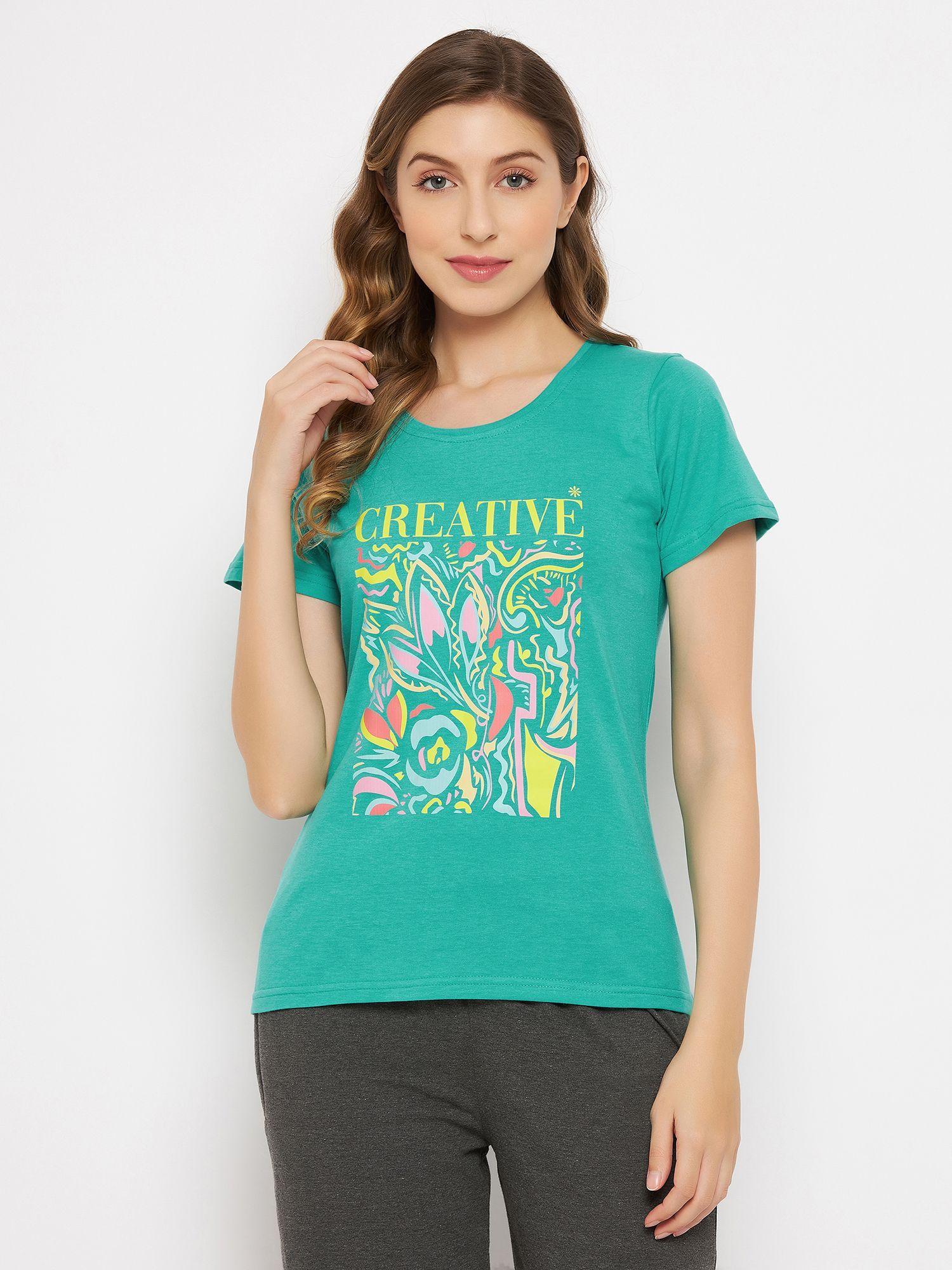 text & graphic print top green pure cotton