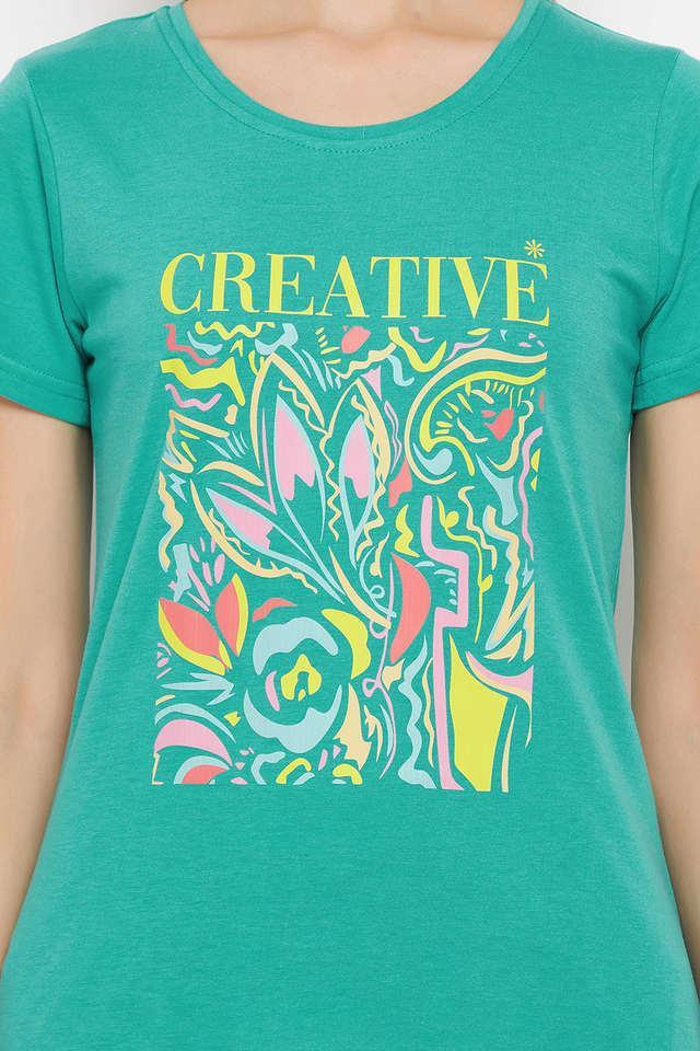 text _ graphic print top in green - cotton