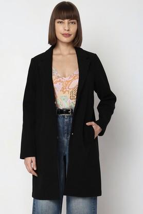 textured collared polyester women's casual wear coat - black