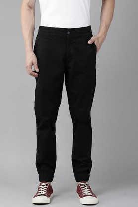 textured cotton blend slim fit men's casual trousers - black