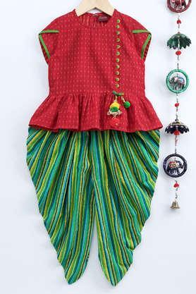 textured cotton full length girls top with potli button details & dhoti pant - red