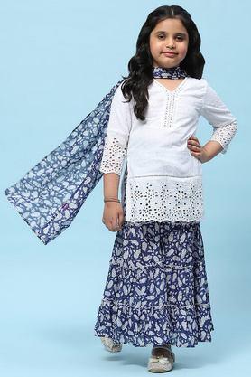textured cotton girls kurta set - white
