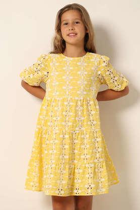 textured cotton regular fit girls dress - yellow