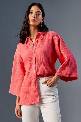 textured cotton spread collar women's casual wear shirt - coral