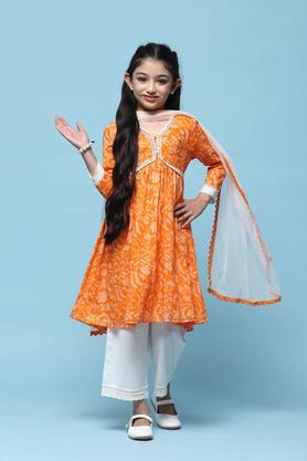 textured cotton v-neck girls kurta set - orange
