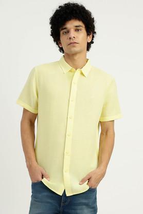 textured cotton-linen blend regular fit men's casual wear shirt - yellow