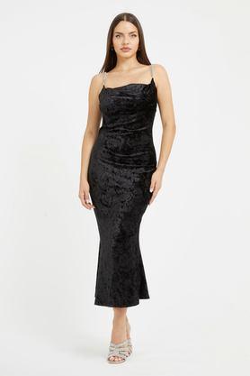 textured cowl neck polyester women's calf length dress - black