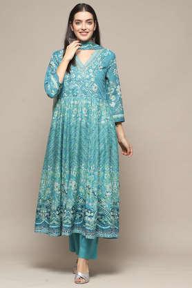 textured full length cotton woven women's kurta set - indigo