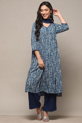 textured full length rayon woven women's kurta set - indigo