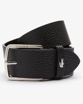 textured genuine leather belt with tang-buckle closure