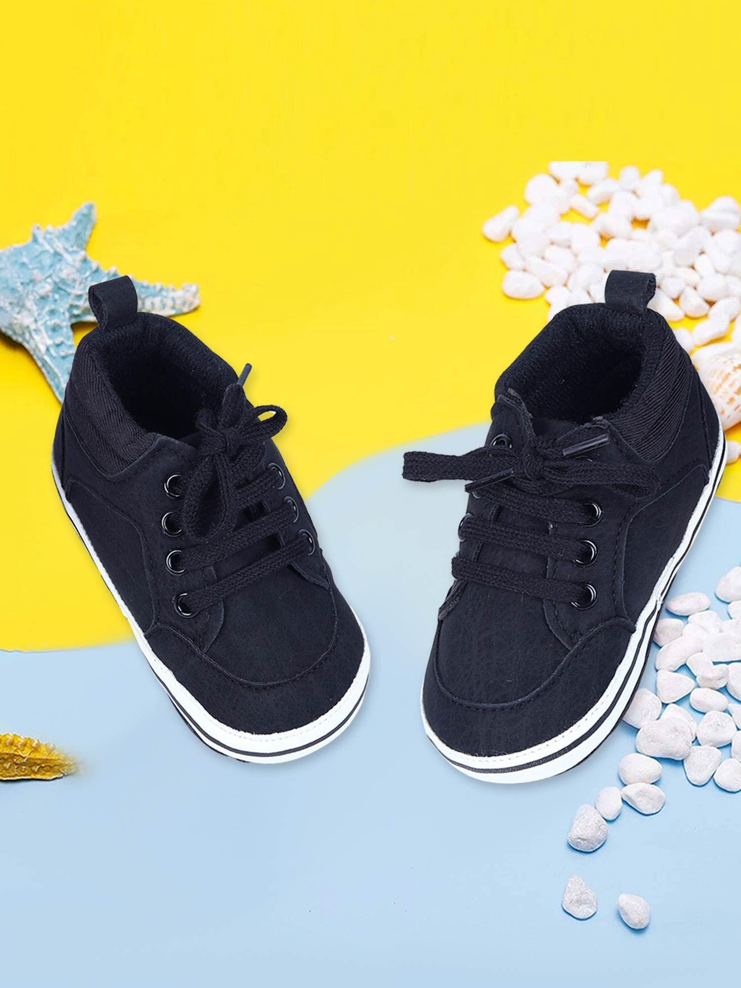 textured leather lace-up stylish kids anti-slip sneaker shoes - black
