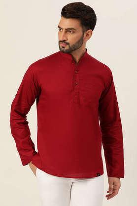 textured linen regular fit men's short kurta - maroon