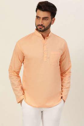 textured linen regular fit men's short kurta - peach