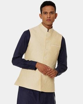 textured nehru jacket with mandarin collar
