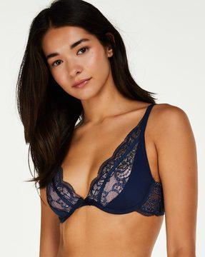 textured plunge bra with lace panels