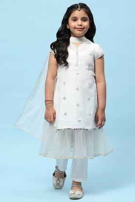 textured polyester girls kurta set - white