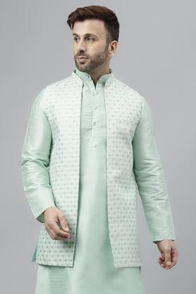 textured polyester regular fit men's nehru jacket - green