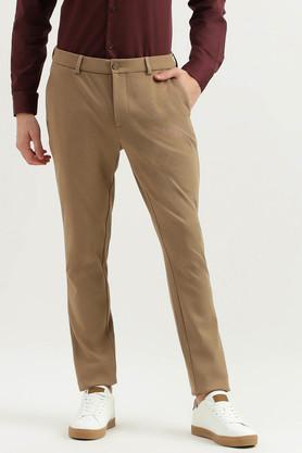 textured polyester slim fit men's casual trousers - brown