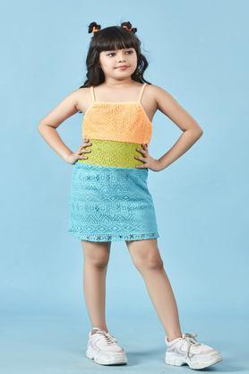 textured polyester square neck girls casual wear dress - multi