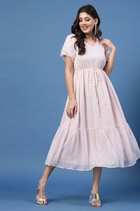 textured polyester v-neck women's dress - pink