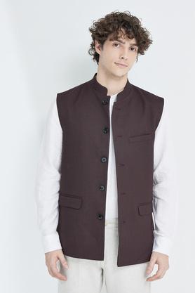 textured polyester viscose slim men's work wear nehru jackets - wine