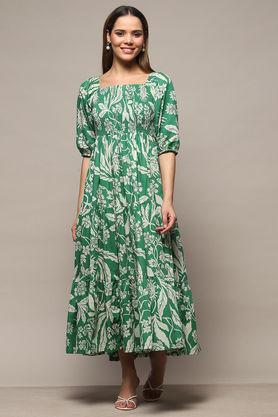 textured round neck cotton women's knee length dress - green