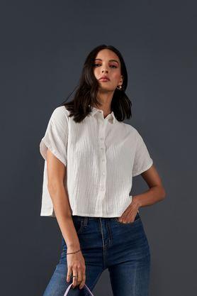 textured spread collar cotton women's casual wear shirt - white