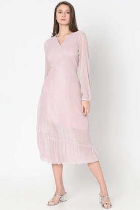 textured v-neck polyester women's calf length dress - baby pink
