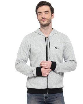textured zip-front hooded sweatshirt