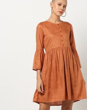 textured a-line dress with flounce sleeves