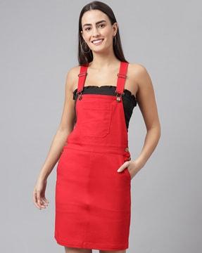 textured a-line dungaree dress with insert pockets