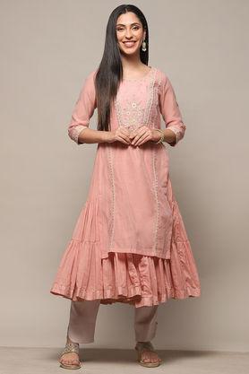 textured above knee polyester woven women's kurta set - dusty pink
