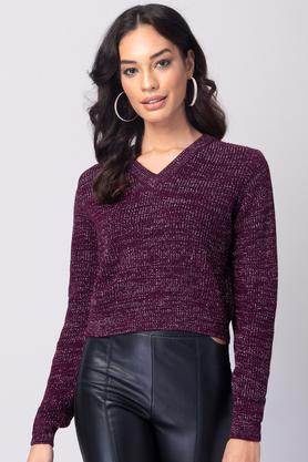 textured acrylic v neck women's sweater - red