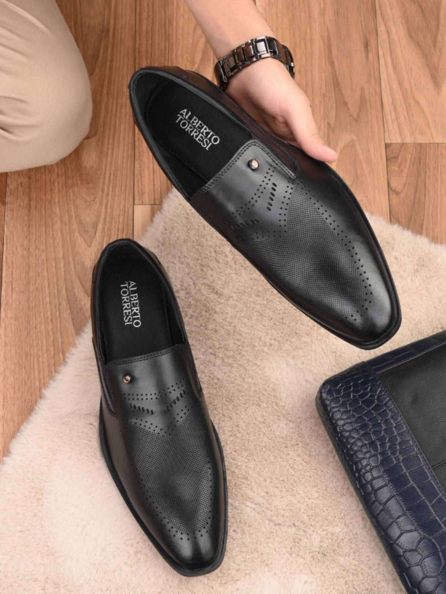 textured black formal slip on shoes for men