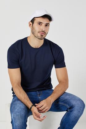 textured blended fabric regular fit men's t-shirt - navy