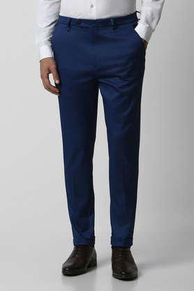 textured blended regular fit men's formal trouser - blue