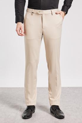 textured blended slim fit men's trousers - natural