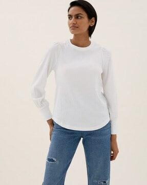 textured blouse with bishop sleeves