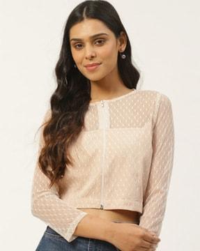 textured boat-neck crop top with zip closure