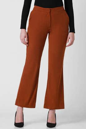textured bootcut fit polyester women's casual wear trousers - tan