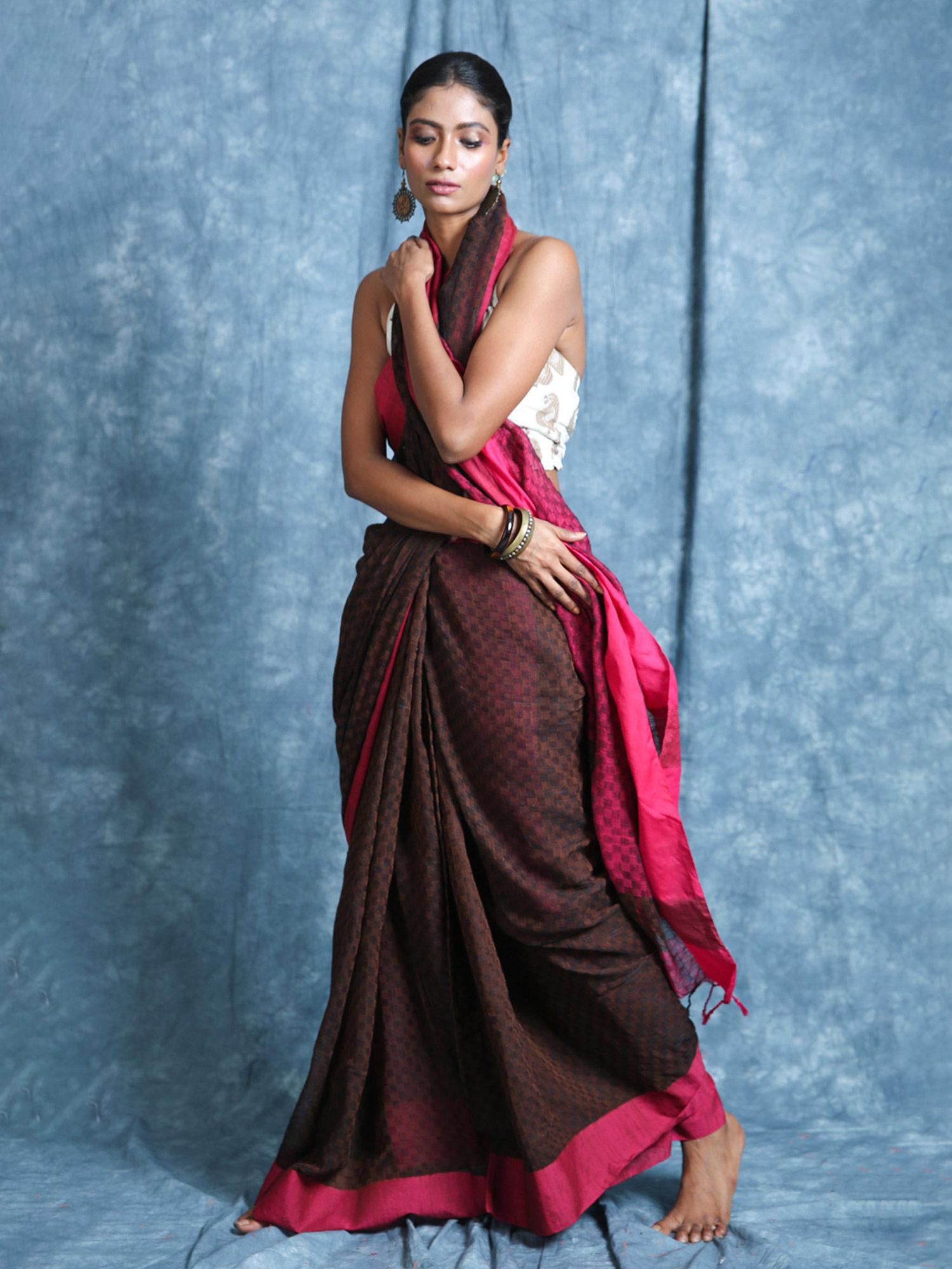 textured brown handloom saree with unstitched blouse allover texture weaving