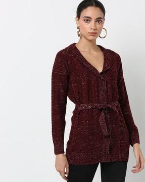 textured button-down cardigan with detachable fabric belt