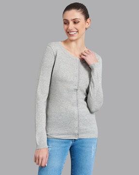 textured button-front pullover