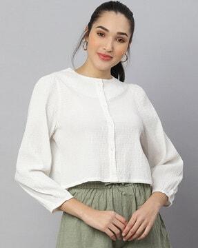 textured button-front top