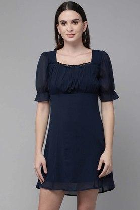 textured chiffon womens a line dress - navy